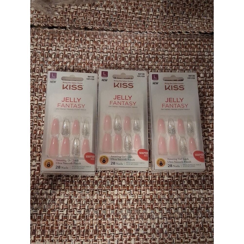 3 Boxes KISS Jelly Fantasy Nail Set - Pink Glitter Long Length